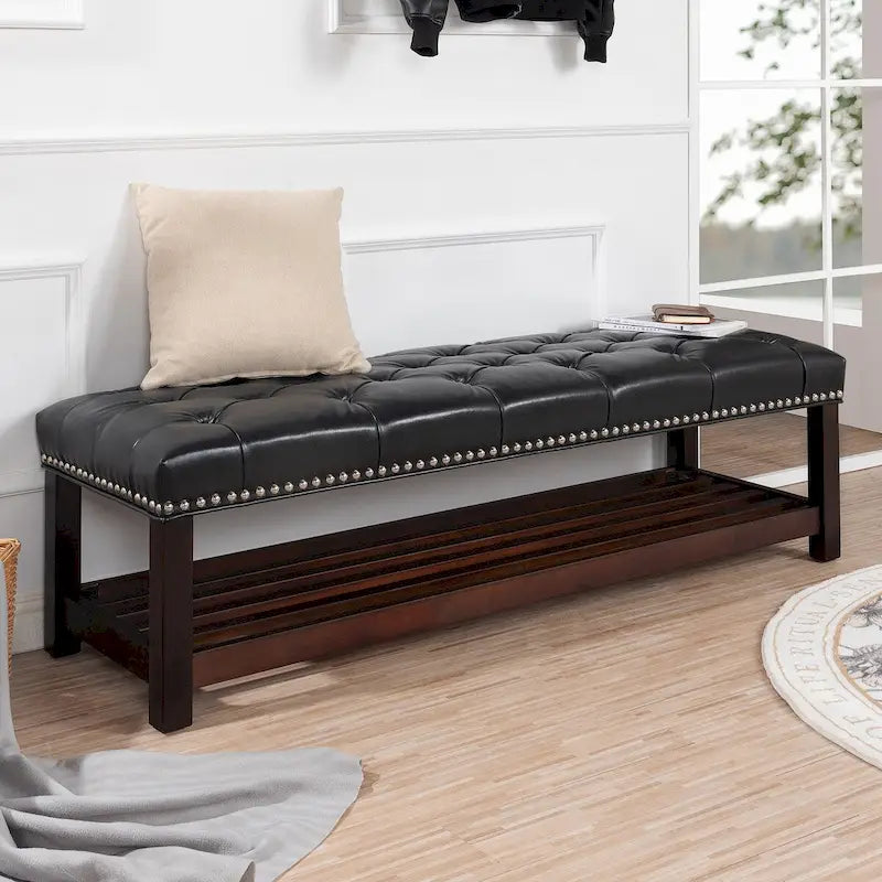 Banc rembourré avec base en bois pour chambre à coucher ou entrée, 152 cm avec clous décoratifs et étagère