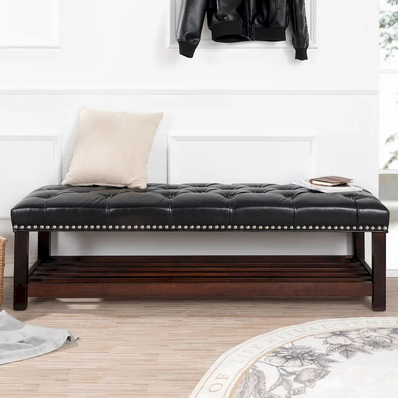 Banc rembourré avec base en bois pour chambre à coucher ou entrée, 152 cm avec clous décoratifs et étagère