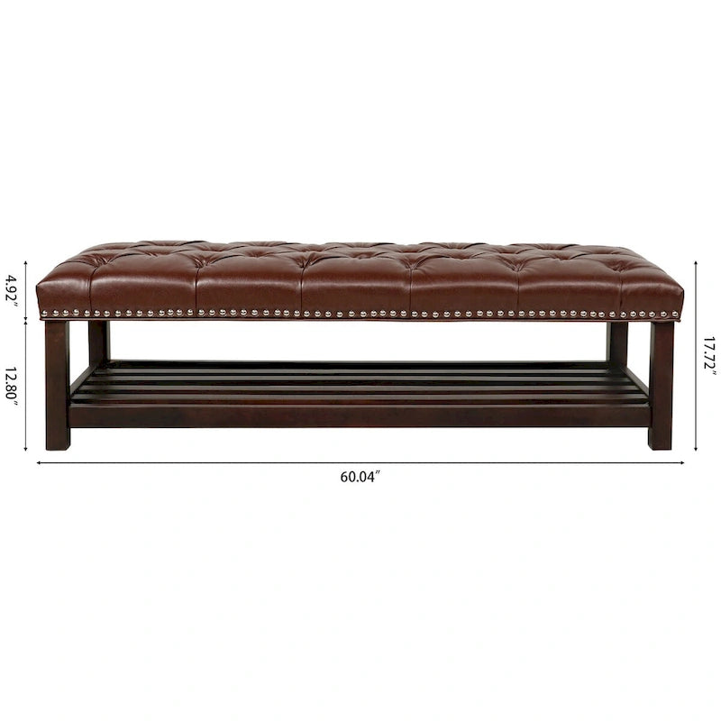Banc rembourré avec base en bois pour chambre à coucher ou entrée, 152 cm avec clous décoratifs et étagère