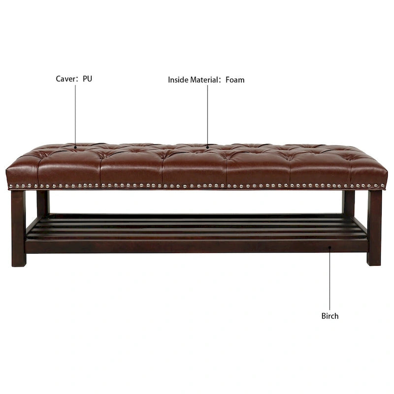 Banc rembourré avec base en bois pour chambre à coucher ou entrée, 152 cm avec clous décoratifs et étagère
