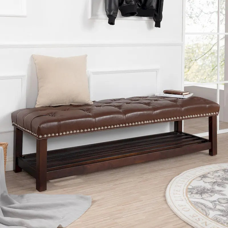 Banc rembourré avec base en bois pour chambre à coucher ou entrée, 152 cm avec clous décoratifs et étagère
