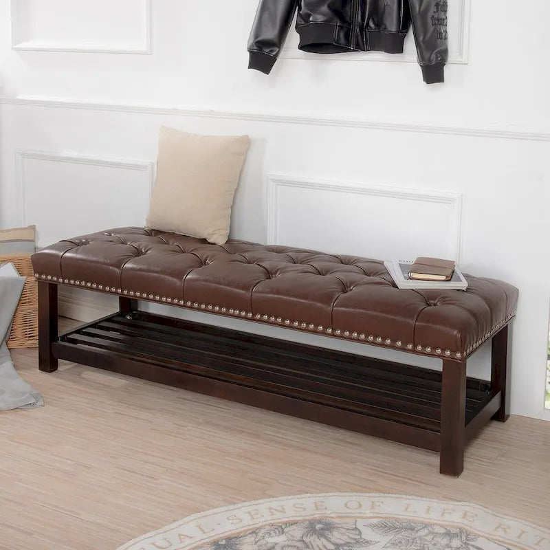 Banc rembourré avec base en bois pour chambre à coucher ou entrée, 152 cm avec clous décoratifs et étagère