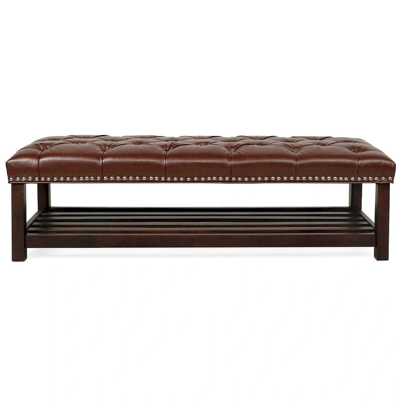 Banc rembourré avec base en bois pour chambre à coucher ou entrée, 152 cm avec clous décoratifs et étagère