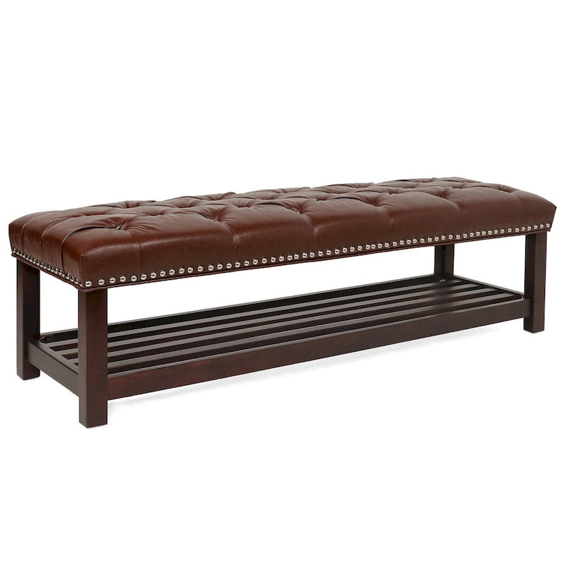 Banc rembourré avec base en bois pour chambre à coucher ou entrée, 152 cm avec clous décoratifs et étagère