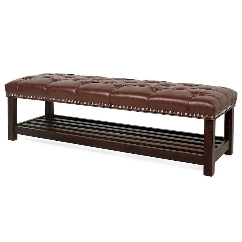 Banc rembourré avec base en bois pour chambre à coucher ou entrée, 152 cm avec clous décoratifs et étagère