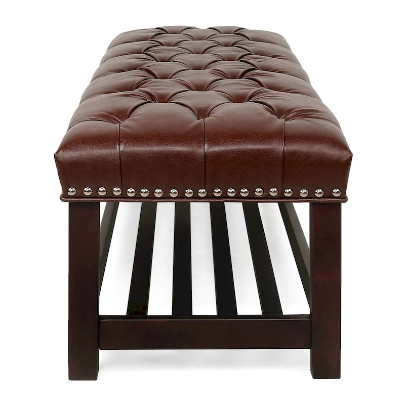 Banc rembourré avec base en bois pour chambre à coucher ou entrée, 152 cm avec clous décoratifs et étagère