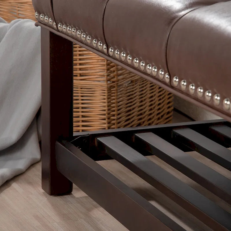 Banc rembourré avec base en bois pour chambre à coucher ou entrée, 152 cm avec clous décoratifs et étagère
