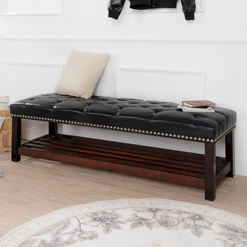 Banc rembourré avec base en bois pour chambre à coucher ou entrée, 152 cm avec clous décoratifs et étagère