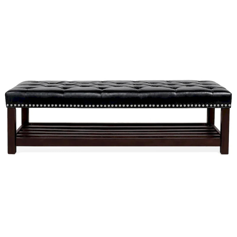 Banc rembourré avec base en bois pour chambre à coucher ou entrée, 152 cm avec clous décoratifs et étagère