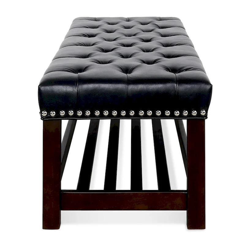 Banc rembourré avec base en bois pour chambre à coucher ou entrée, 152 cm avec clous décoratifs et étagère