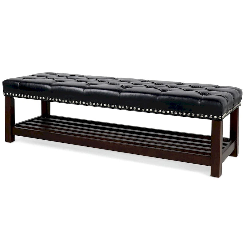 Banc rembourré avec base en bois pour chambre à coucher ou entrée, 152 cm avec clous décoratifs et étagère