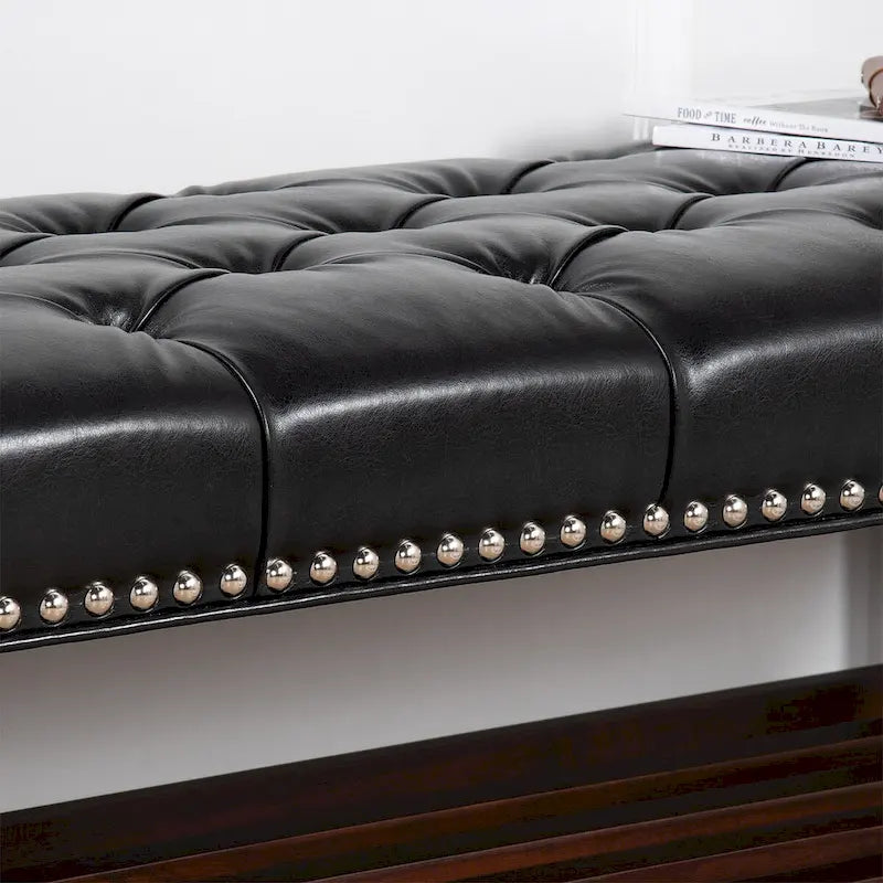 Banc rembourré avec base en bois pour chambre à coucher ou entrée, 152 cm avec clous décoratifs et étagère