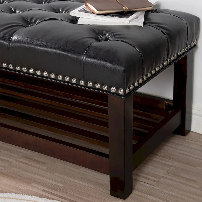 Banc rembourré avec base en bois pour chambre à coucher ou entrée, 152 cm avec clous décoratifs et étagère