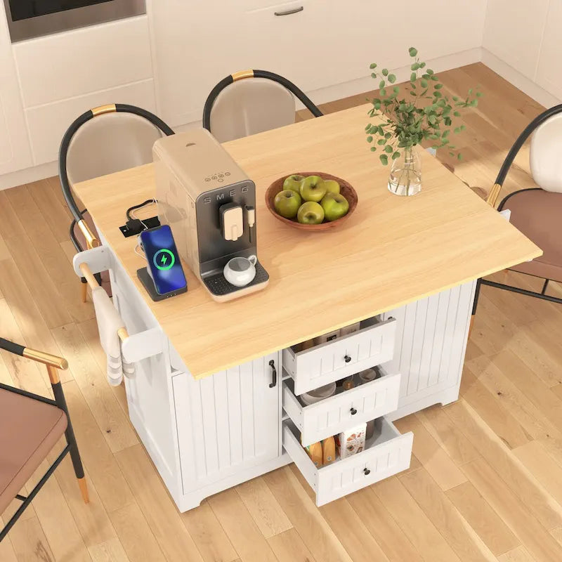 55,7 Îlot de cuisine, 2 abattants, chariot de cuisine roulant à 5 roues, prise de courant, table à manger pliante, porte-épices et porte-serviettes, 3 tiroirs