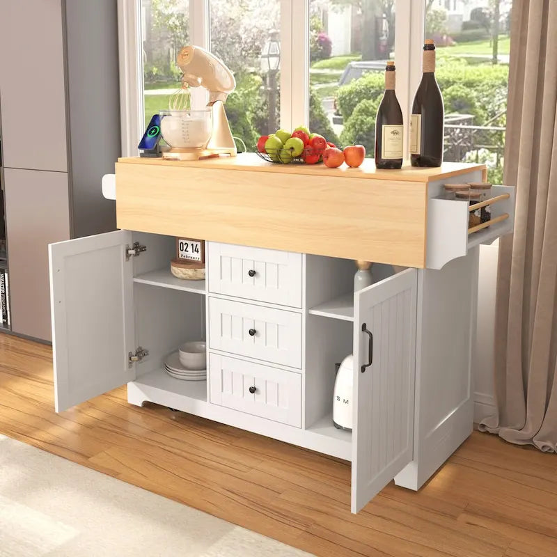55,7 Îlot de cuisine, 2 abattants, chariot de cuisine roulant à 5 roues, prise de courant, table à manger pliante, porte-épices et porte-serviettes, 3 tiroirs