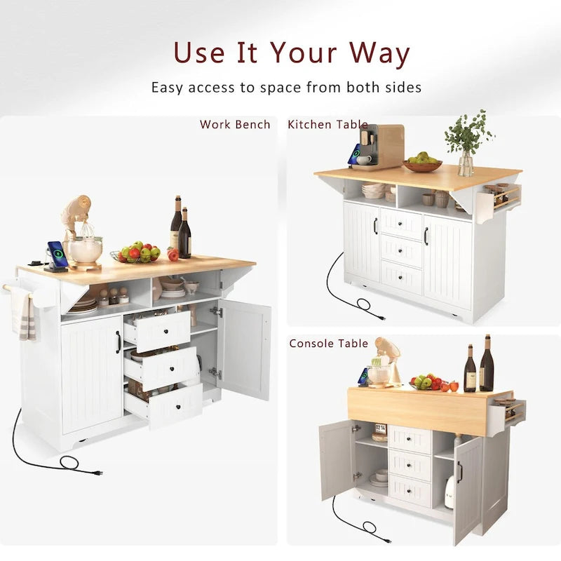 55,7 Îlot de cuisine, 2 abattants, chariot de cuisine roulant à 5 roues, prise de courant, table à manger pliante, porte-épices et porte-serviettes, 3 tiroirs