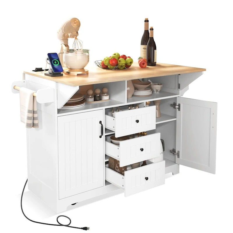 55,7 Îlot de cuisine, 2 abattants, chariot de cuisine roulant à 5 roues, prise de courant, table à manger pliante, porte-épices et porte-serviettes, 3 tiroirs