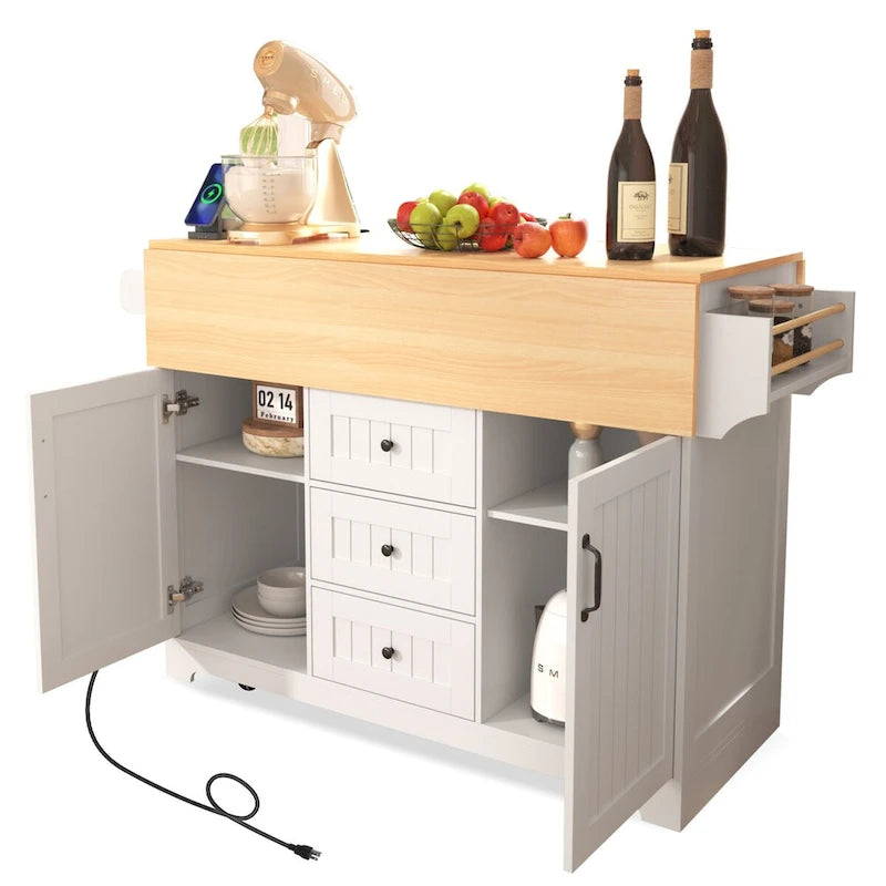 55,7 Îlot de cuisine, 2 abattants, chariot de cuisine roulant à 5 roues, prise de courant, table à manger pliante, porte-épices et porte-serviettes, 3 tiroirs