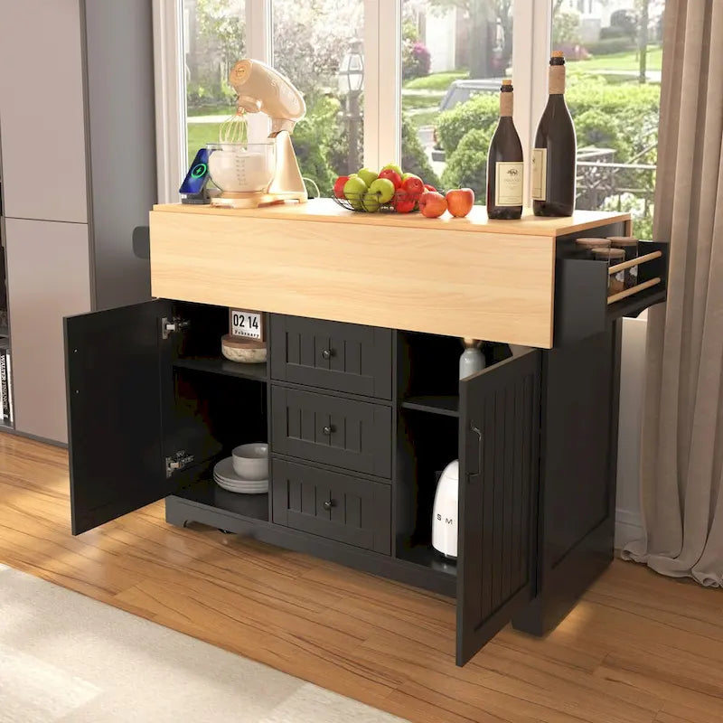 55,7 Îlot de cuisine, 2 abattants, chariot de cuisine roulant à 5 roues, prise de courant, table à manger pliante, porte-épices et porte-serviettes, 3 tiroirs