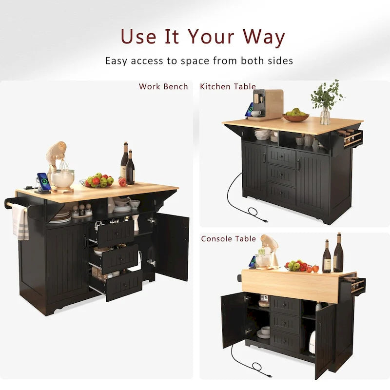55,7 Îlot de cuisine, 2 abattants, chariot de cuisine roulant à 5 roues, prise de courant, table à manger pliante, porte-épices et porte-serviettes, 3 tiroirs