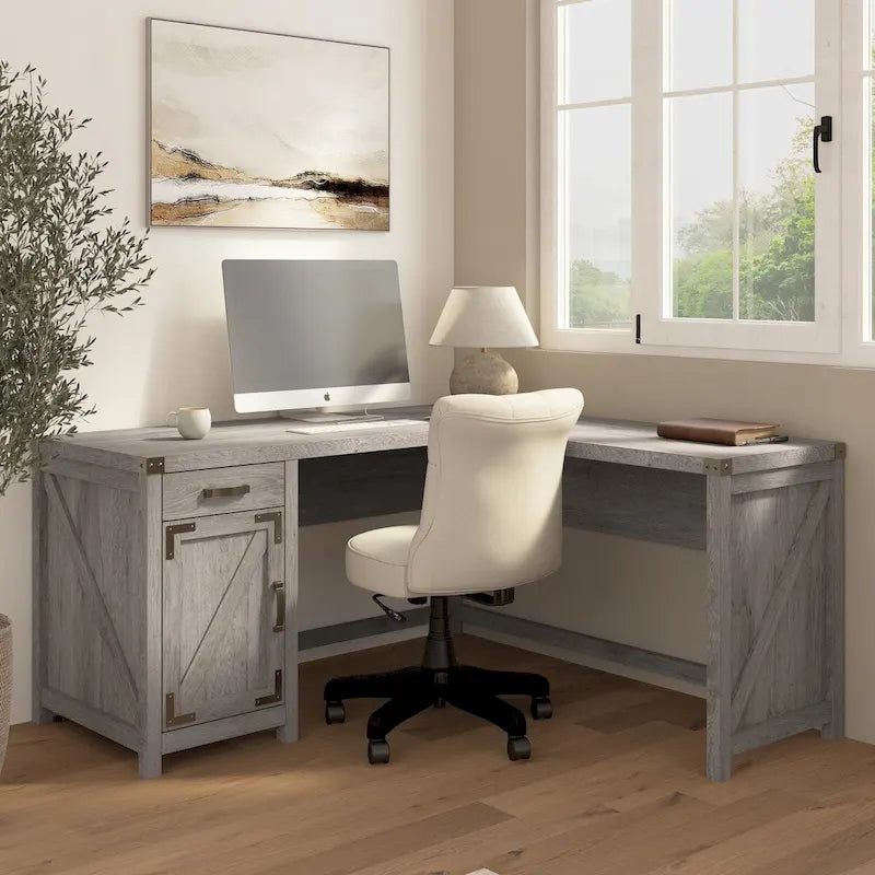 Bureau d'angle en L de 60 W avec meuble de rangement