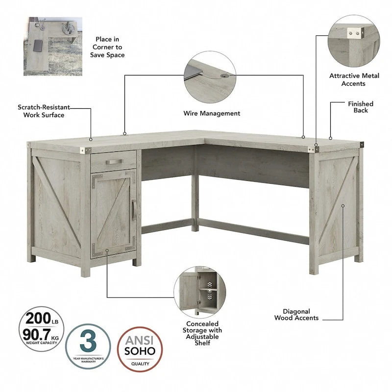 Bureau d'angle en L de 60 W avec meuble de rangement