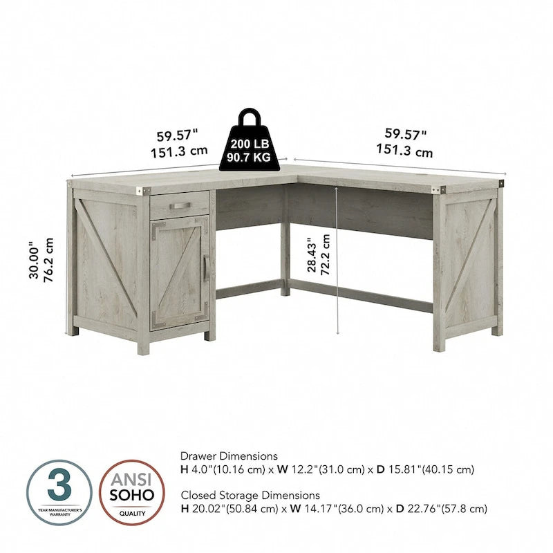 Bureau d'angle en L de 60 W avec meuble de rangement