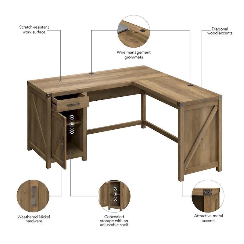 Bureau d'angle en L de 60 W avec meuble de rangement