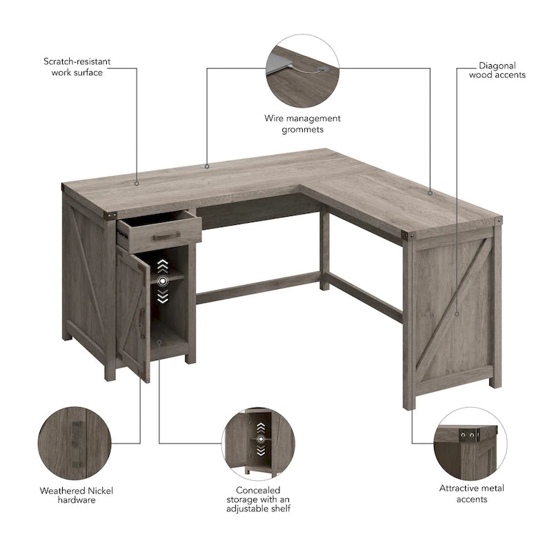 Bureau d'angle en L de 60 W avec meuble de rangement